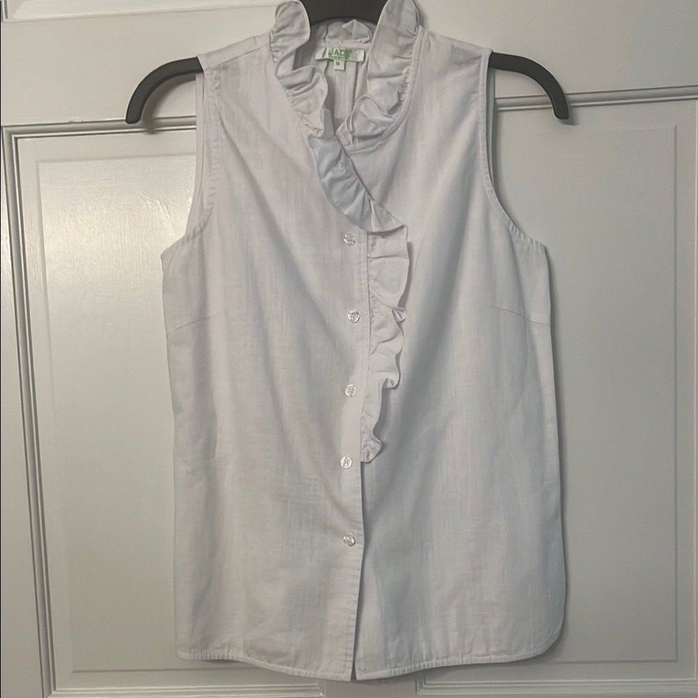 Jade White Sleeveless High Collar Ruffled Blouse